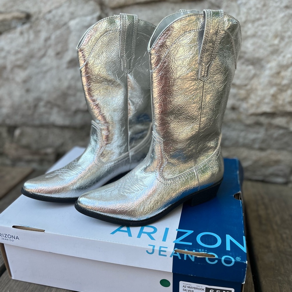 Arizona Jean Co Maybrook Silver Metallic Cowboy Boots Womens Sz 6.5 - Picture 3 of 8